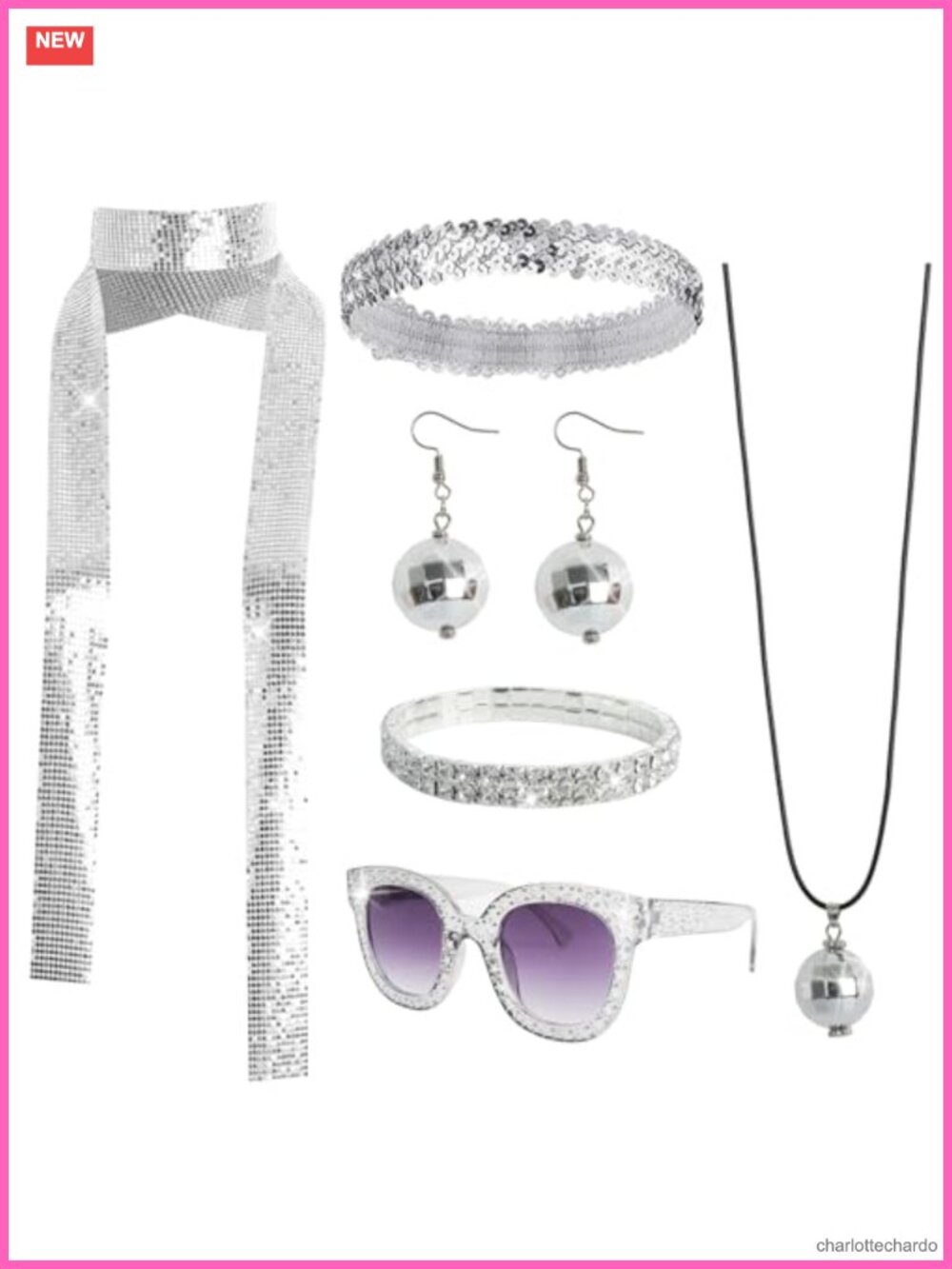 6 Pc 70s Disco Costume Accessory Set Sequin Headband Necklace Earrings